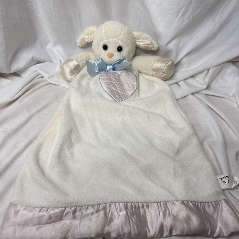 VTG Dakin Baby Lamb Plush Lovey Cream Satin Pink Heart Trim Blue Bow Blanket